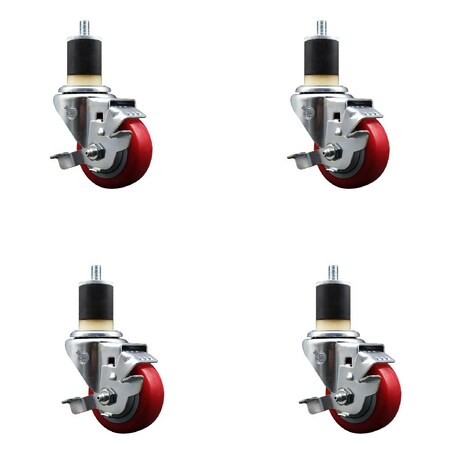 Service Caster 3'' SS Red Poly Swivel 1-7/8'' Expanding Stem Caster Set with Brake, 4PK SCC-SSEX20S314-PPUB-RED-TLB-178-4